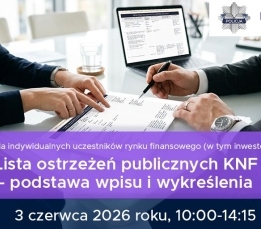 Grafika informacyjna webinarium Urzędu KNF dla indywidualnych uczestników rynku finansowego - Lista Ostrzeżeń Publicznych KNF - 3 czerwca 2026 roku